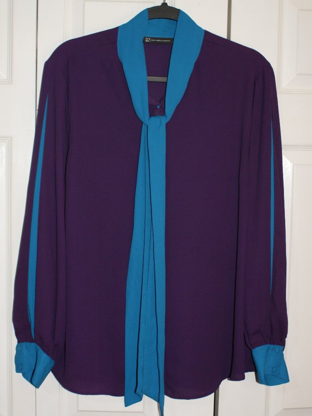 NY&CO Purple and Turquoise Tie-Front Long Sleeve Blouse - XL LIKE NEW